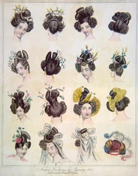 Últimas modas para enero de 1831, tocados de moda del Vol VIII de El Mundo de la Moda y Fenilletons Continentales, pub. 1831